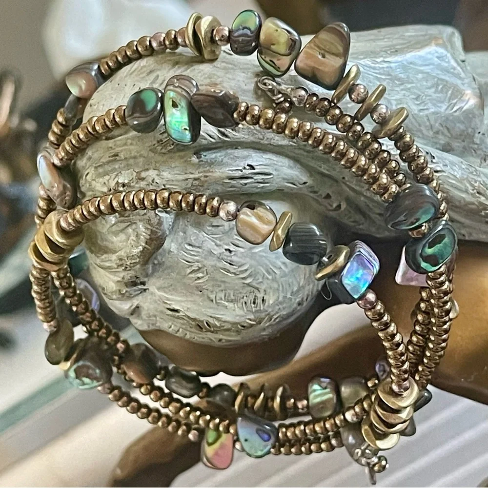 Silpada Sterling Sllver Bronze Brass Abalone Shell Glass Seed Bead Wrap Bracelet - Picture 6 of 6